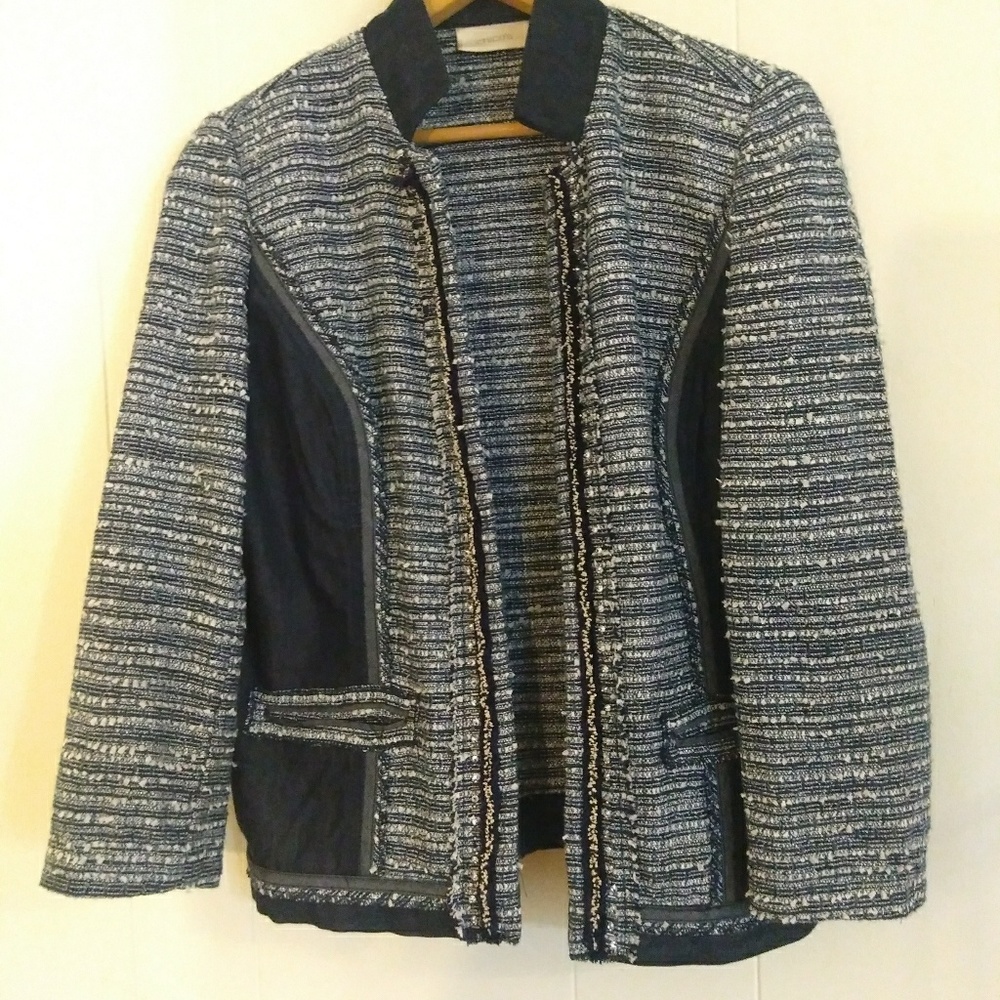 Chicos Women Boucle Jacket Size 0 Blue White Boucle & Denim Metallic Thread